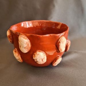 Op de afbeelding: Een handgemaakte, ronde keramische kom in een rijke, rood-oranje tint. De kom heeft verhoogde, onregelmatig gevormde, gebroken witte accenten rond de buitenkant. De binnenkant van de kom is ook rood-oranje, wat een rustieke esthetiek creëert.