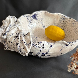 Handmade Ceramic Serving Bowl, White with Blue Dots, Leaf Pattern