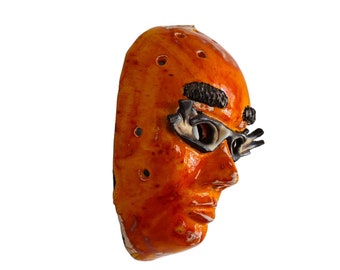 Handmade Gallery Wall Mask — Artistic Brown & Red Decorative Statue