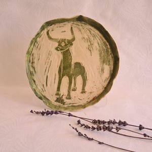 Unique Turkish mythological Sgraffito Small Plate with Bull Design&quot;