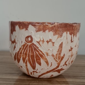 Natural Handmade Pot with Bird Design | Tan Sgraffito Ceramic Bowl