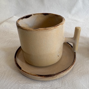 Minimalist Beige Ceramic Mugs with Saucer - Set of 2