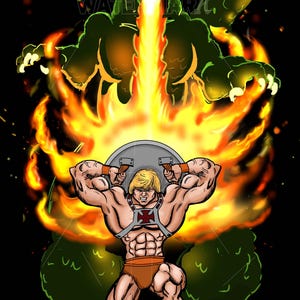 May include: An illustration of He-Man holding a shield, with a green monster breathing fire. The artwork features bold lines and vibrant colors, with a black background. The monster is in the background, and He-Man is in the foreground.