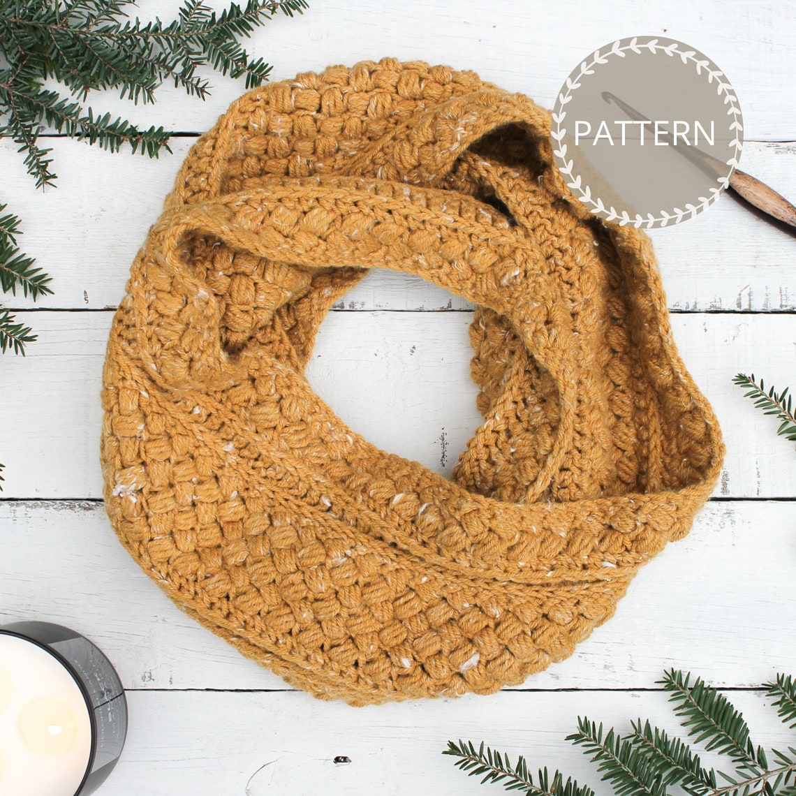 Crochet Mustard Puff Infinity Scarf Pattern, Textured Cowl (PDF Pattern ...