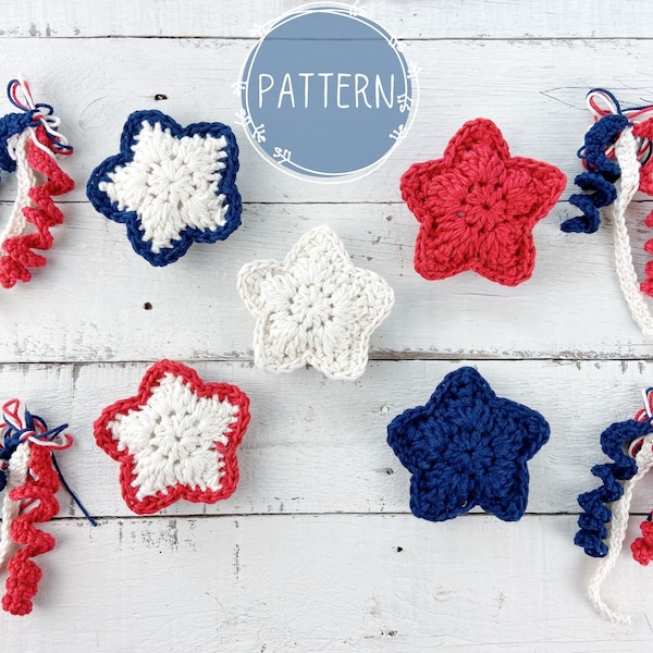 Patron au crochet | Motif de guirlande au crochet patriotique étoiles et rayures | Motif de guirlande au crochet du 4 juillet