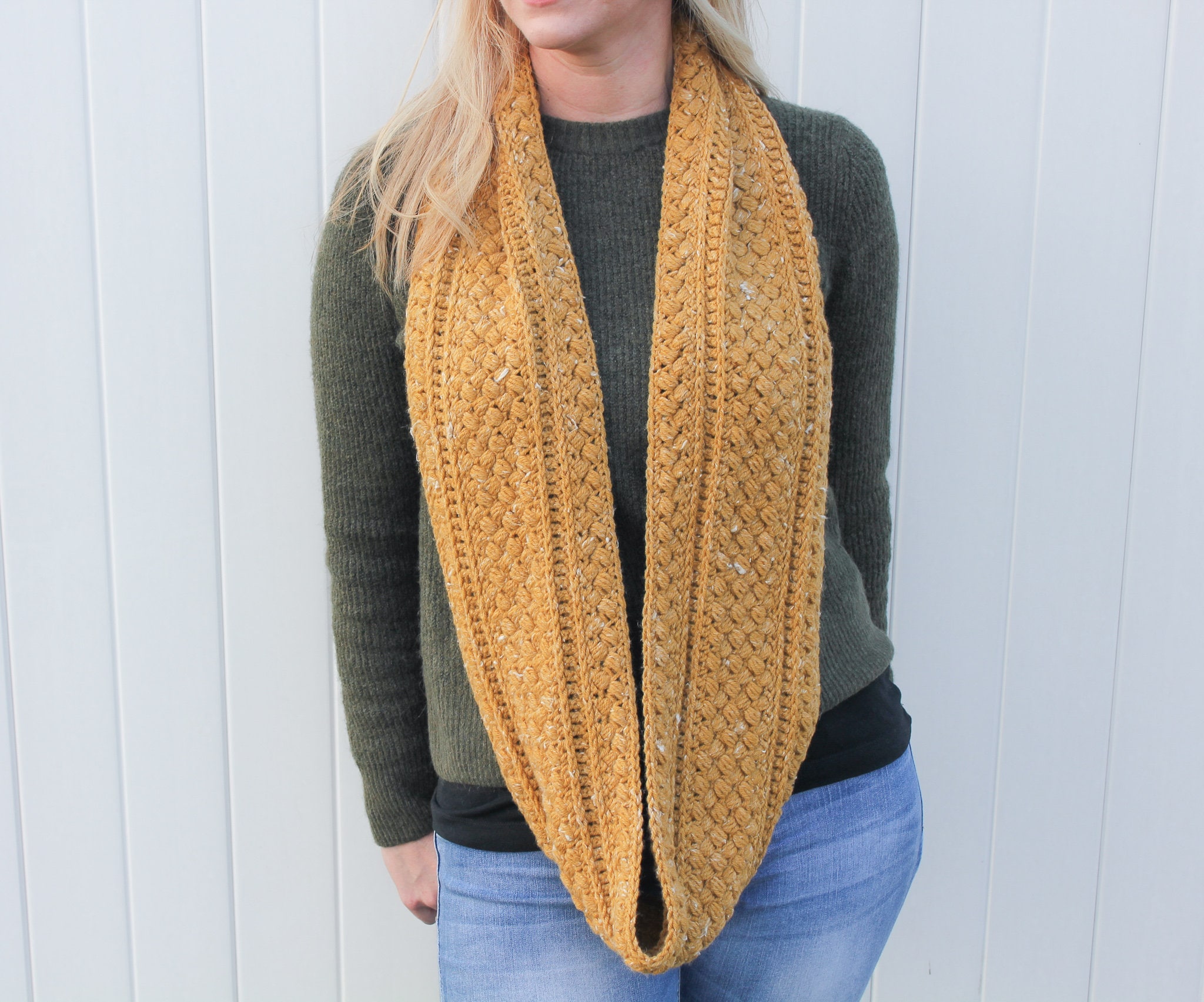 Crochet Mustard Puff Infinity Scarf Pattern, Textured Cowl (PDF Pattern ...