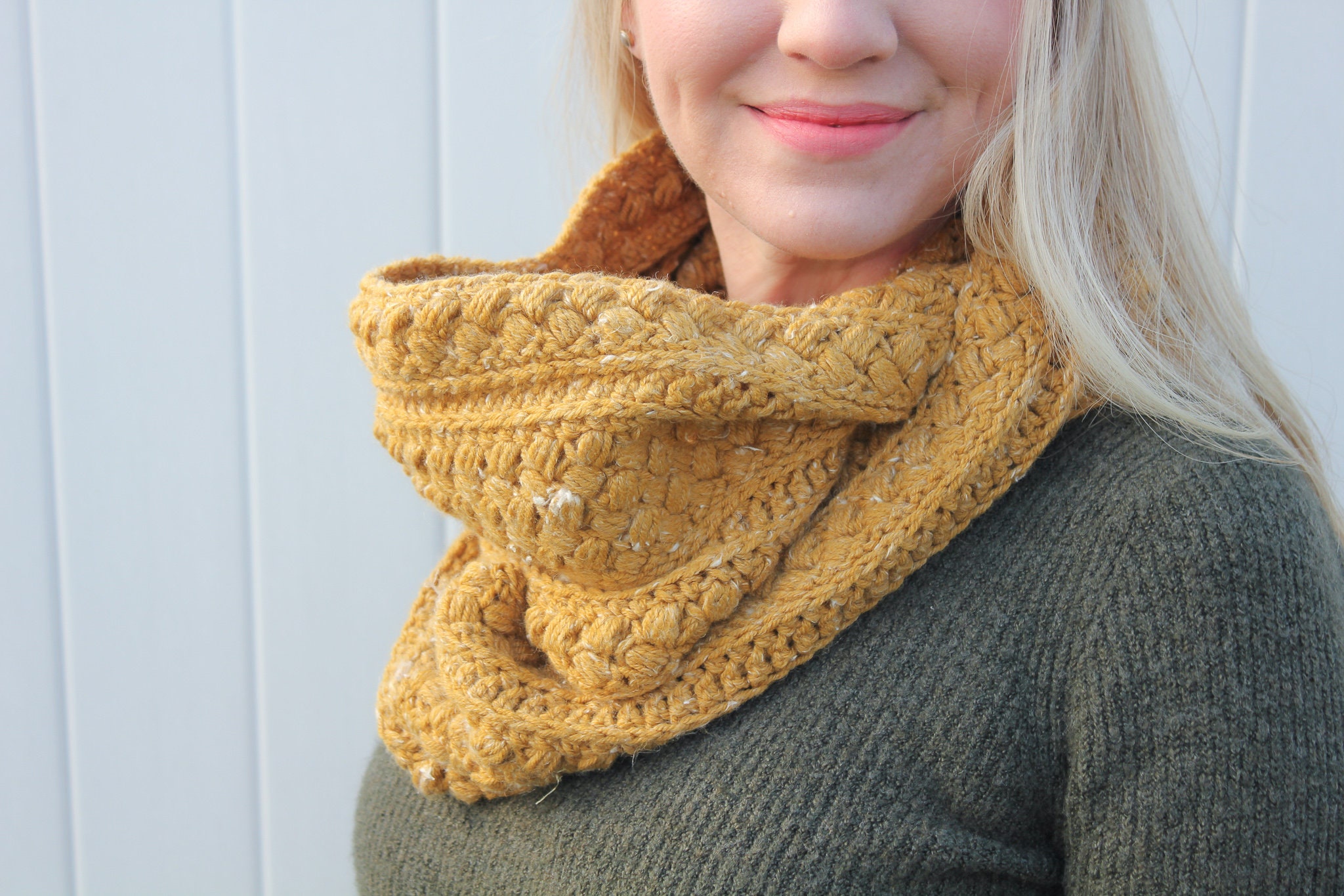 Crochet Mustard Puff Infinity Scarf Pattern, Textured Cowl (PDF Pattern ...