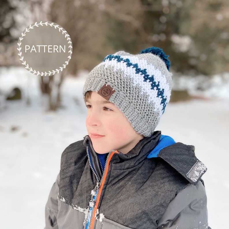 Crochet Pattern The Buddy Beanie Crochet Hat for Boys Kids Crochet Hat Pom Pom Hat image 1