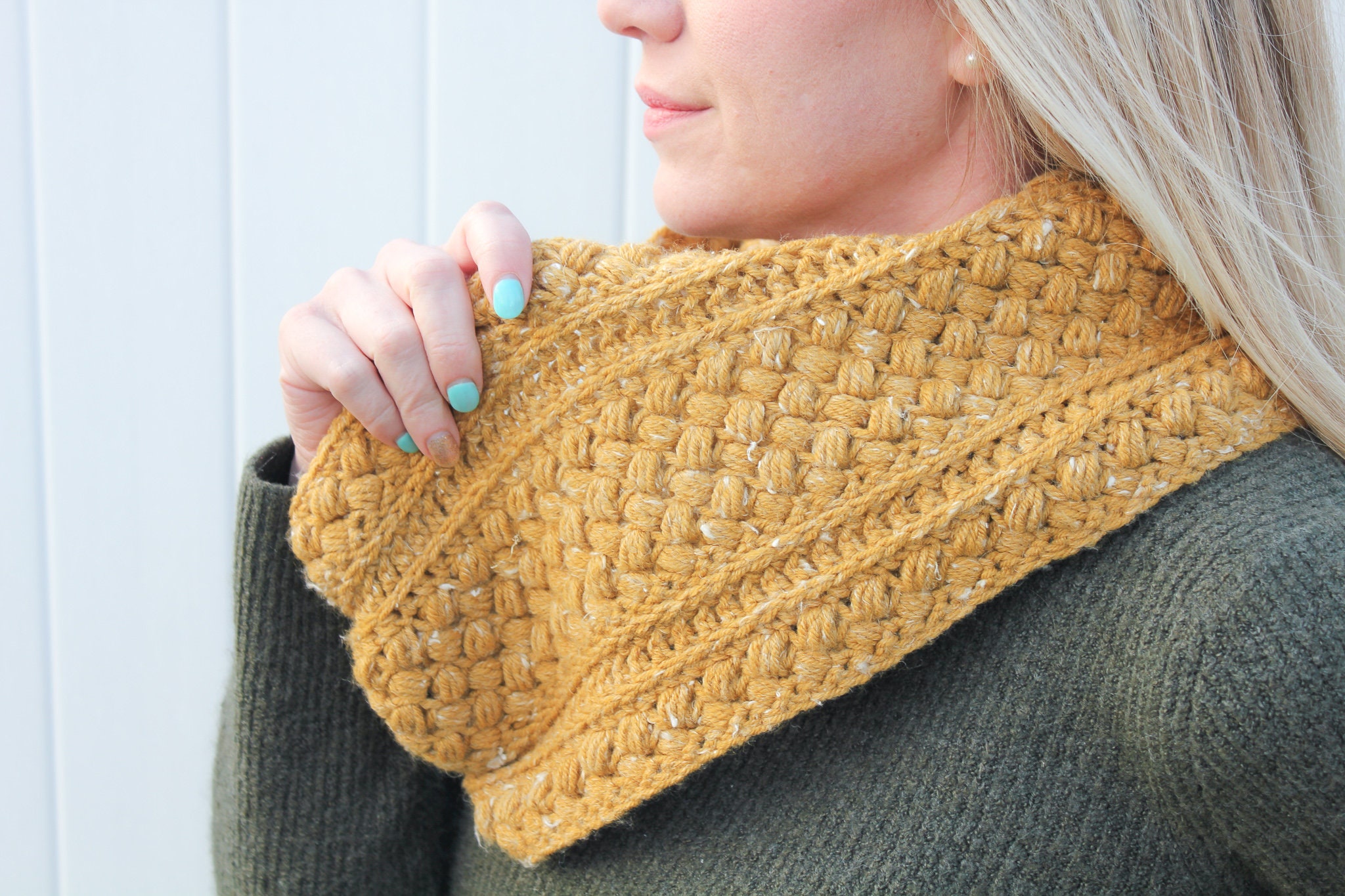 Crochet Mustard Puff Infinity Scarf Pattern, Textured Cowl (PDF Pattern ...