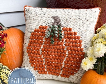 May include: A crocheted cushion featuring a large orange pumpkin design. The pumpkin is made up of individual crocheted circles and has a green stem. The cushion is on a white surface with a pumpkin and flowers in the background.
