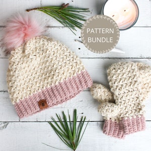 Crochet Pattern Bundle Cozy Bean Hat and Convertible Mittens Patterns Matching Crochet Beanie and Mittens Patterns image 1