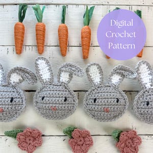 May include: A digital crochet pattern for making a set of four bunny faces. The bunnies are gray with white ears and black eyes. The pattern is available for download.