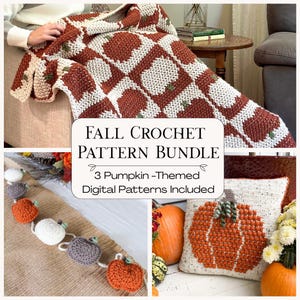 May include: A fall-themed crochet pattern bundle featuring a blanket, pumpkin garland, and pillow. The blanket has a brown and white pumpkin pattern. The garland and pillow also feature pumpkin designs. The text reads "Fall Crochet Pattern Bundle".