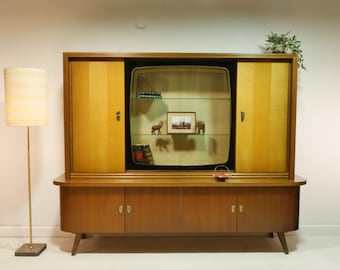 Vintage 1960s living room cabinet, cocktail cabinet, home bar, display cabinet with glass sliding doors, mid-century highboard, Germany