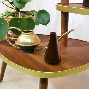 May include: A three-tiered wooden plant stand with gold trim. The top tier has a brown watering can and a brown ceramic vase. The stand is on a white surface.