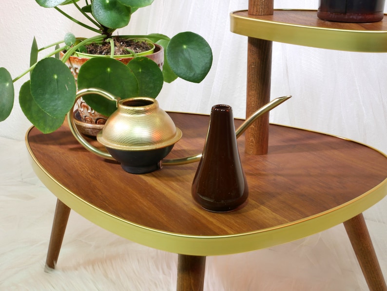 May include: A three-tiered wooden plant stand with gold trim. The top tier has a brown watering can and a brown ceramic vase. The stand is on a white surface.