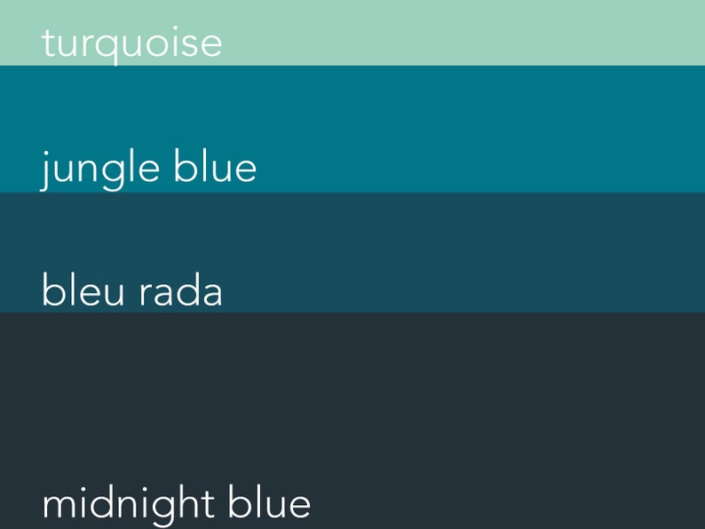 Op de afbeelding: Een kleurenpalet met vier tinten blauw, van turquoise tot middernachtblauw. De kleurennamen staan ​​onder elk kleurenstaal: turquoise, jungleblauw, bleu rada en middernachtblauw.