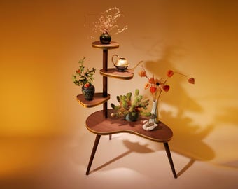 Vintage plantenstandaard "Sumatra Shade" – Bloemenstandaard uit het midden van de vorige eeuw, teaklook, retro plantentafel, handgemaakte woondecoratie