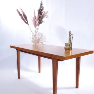 Op de afbeelding: Een moderne salontafel van teakhout uit het midden van de eeuw met een rechthoekig blad en vier poten. De tafel is gemaakt van massief hout en heeft een natuurlijke afwerking. Een vaas met gedroogde bloemen en een messing uilenbeeld staan op de tafel.