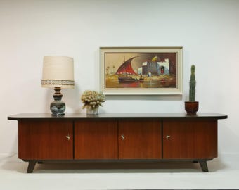 Mobile basso vintage da 210 cm degli anni '60, credenza in stile Mid-Century, mobile porta TV.