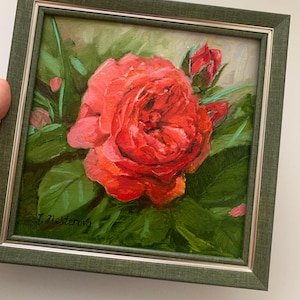 Flowers Roses painting. Framed small Original oil painting 8x8 inches. Perfect best gift. Home wall decor