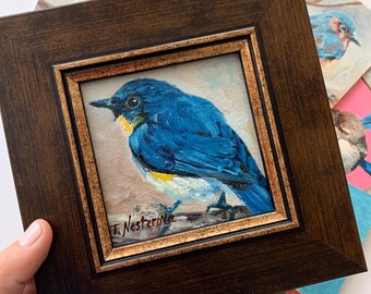 オリジナル油絵の鳥のアート、青い額縁、4 x 4インチの動物