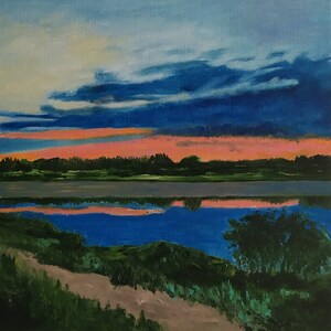 Abstract landscape sky sunset sunrise lake river. Original oil painting on canvas 10x10 inches. Home wall decor.