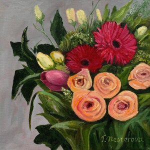Bouquet of flowers roses 10x10 . Original oil painting on canvas. Flowers art. Bright garden flowers painting. Gift ideas