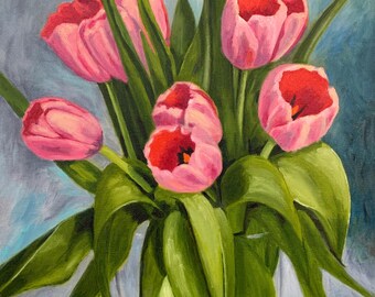 Original Oil painting on canvas 20x16 inch. Tulips Floral still life. Home decor