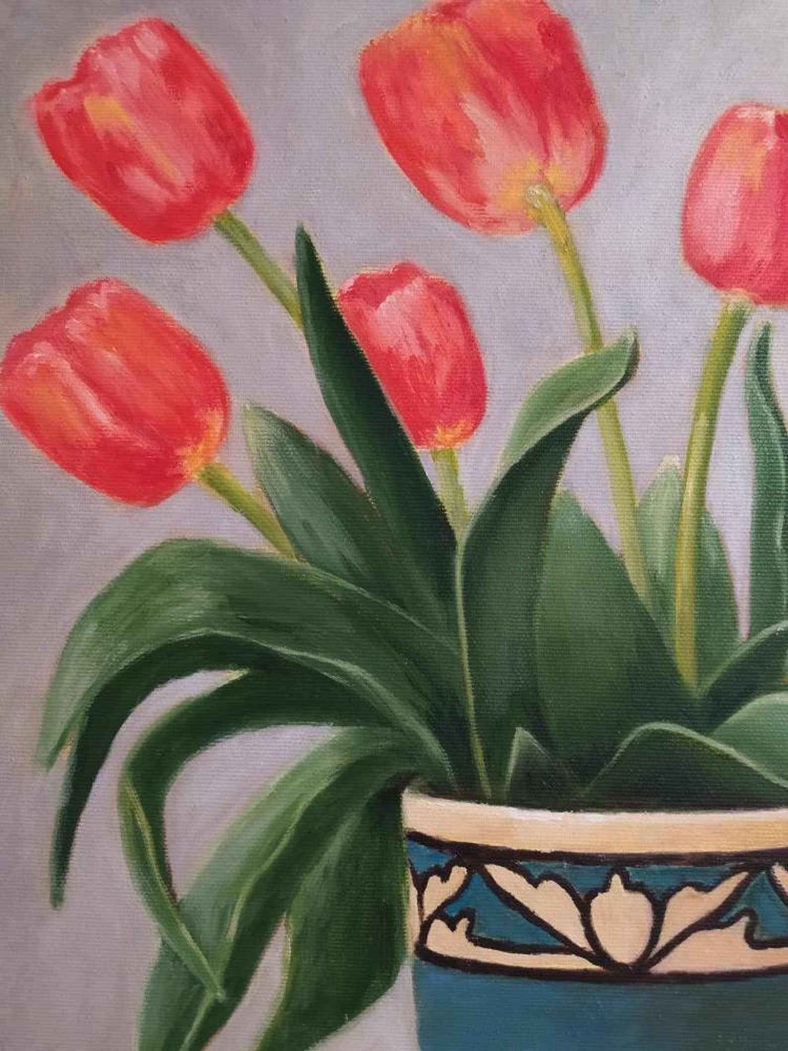 Flowers Tulips Painting. Still Life Oil Painting on Canvas. Tulips