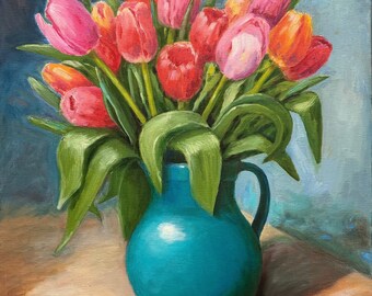 静物油絵。チューリップの花瓶の絵。絵画アート。 - Etsy 日本