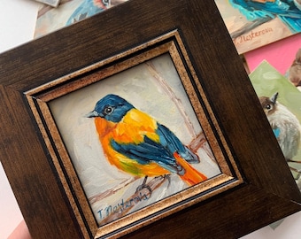 Dipinto a olio di uccello con cornice, piccola opera d'arte originale 4x4 pollici
