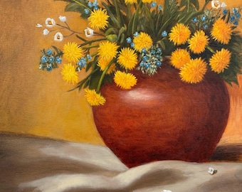 Still life with dandelions. Original oil painting on canvas
