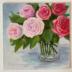 オリジナル油絵 10x10 インチ。小さなアートワーク。花とバラのアート。完璧なホームデコレーションギフト。