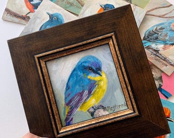 Dipinto a olio di uccello con cornice, piccola opera d'arte originale 4x4 pollici