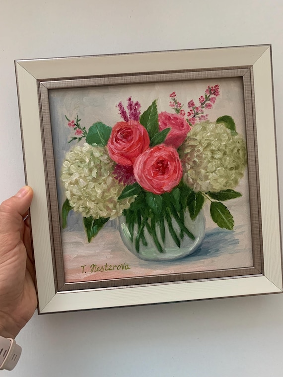 額入りオリジナル油絵（8×8インチ）。小さなアート作品。花