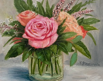 Roses Still Life Oil Painting on Canvas (10x10 in)