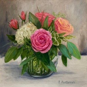 Flowers painting bouquet 12x12. Still life with roses. Original oil painting on canvas. Wall decor. Gift ideas. Flowers still life
