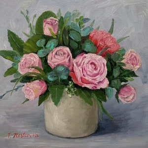 オリジナル油絵 10 x 10 インチ。小さなアート作品。花、バラ、牡丹、庭の花のアート。完璧な室内装飾ギフト。