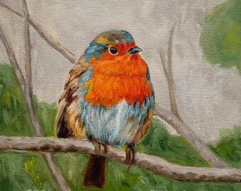 ロビン　油絵 ロビン鳥の絵画オリジナルの鳥の壁アート動物アートワークミニ油絵