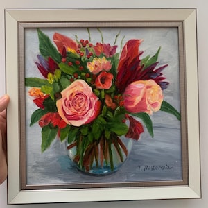 オリジナル油絵 10x10 インチ。小さな絵画。花のアート。バラ、牡丹、庭の花。家の装飾、ギフトに最適
