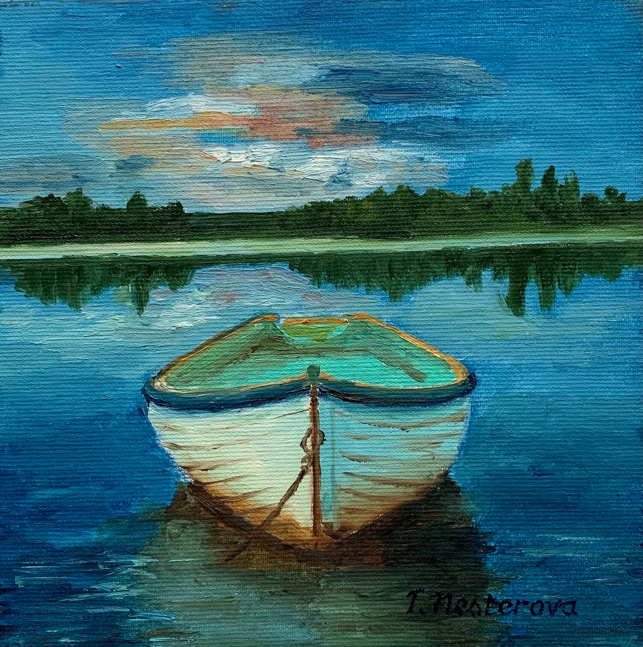 ボートの絵画：8x8 オリジナル油絵 海景、川の風景 - Etsy 日本