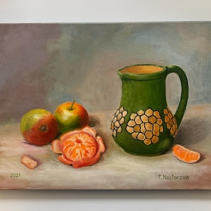 Original oil painting on canvas 12x16 inches. Still life with fruits and jug. Fruit painting. Food art. Kitchen decor.