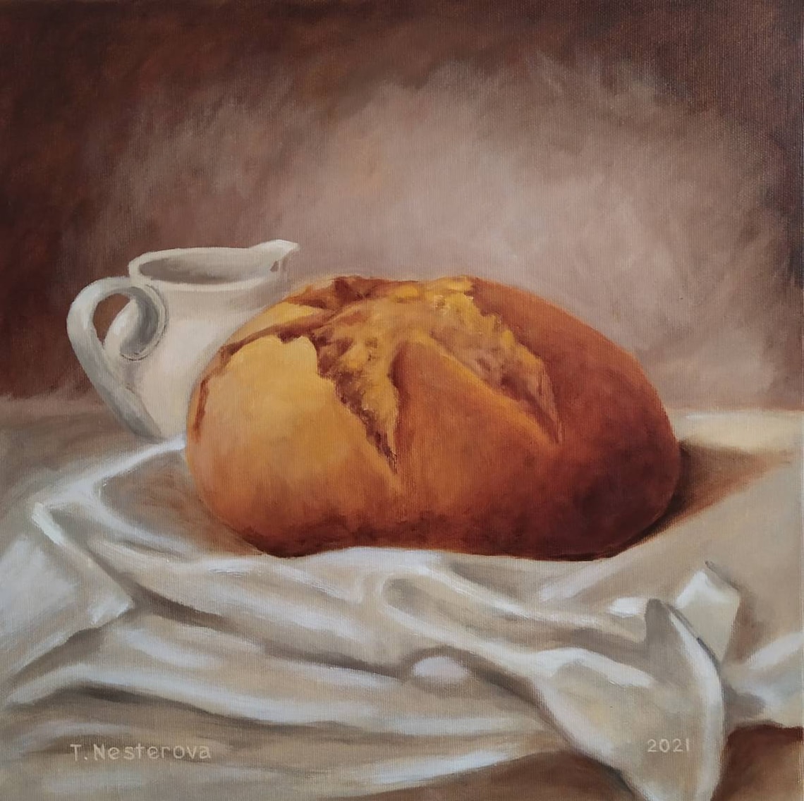 Bread painting. Still life with bread and milk jug. Original Etsy