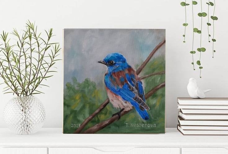 8 x 8インチの鳥の絵画。青い鳥。キャンバスに描かれた油絵。壁