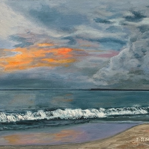 Abstract seascape stormy clouds oil painting on canvas 12x16, original artwork. Sunset sunrise clouds sea ocean