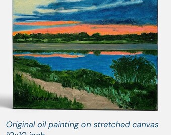 Abstraktes Sonnenuntergangs-Ölgemälde, See-Fluss-Landschaft (10 x 10 Zoll)
