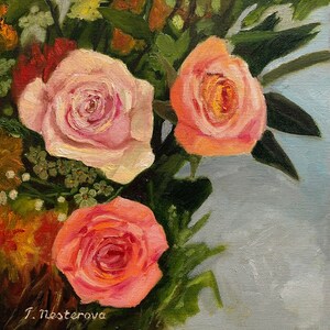 バラの絵画。キャンバスに描かれたオリジナルの油絵 10x10。庭の花。明るい花束。オリジナルアート。ギフトのアイデア