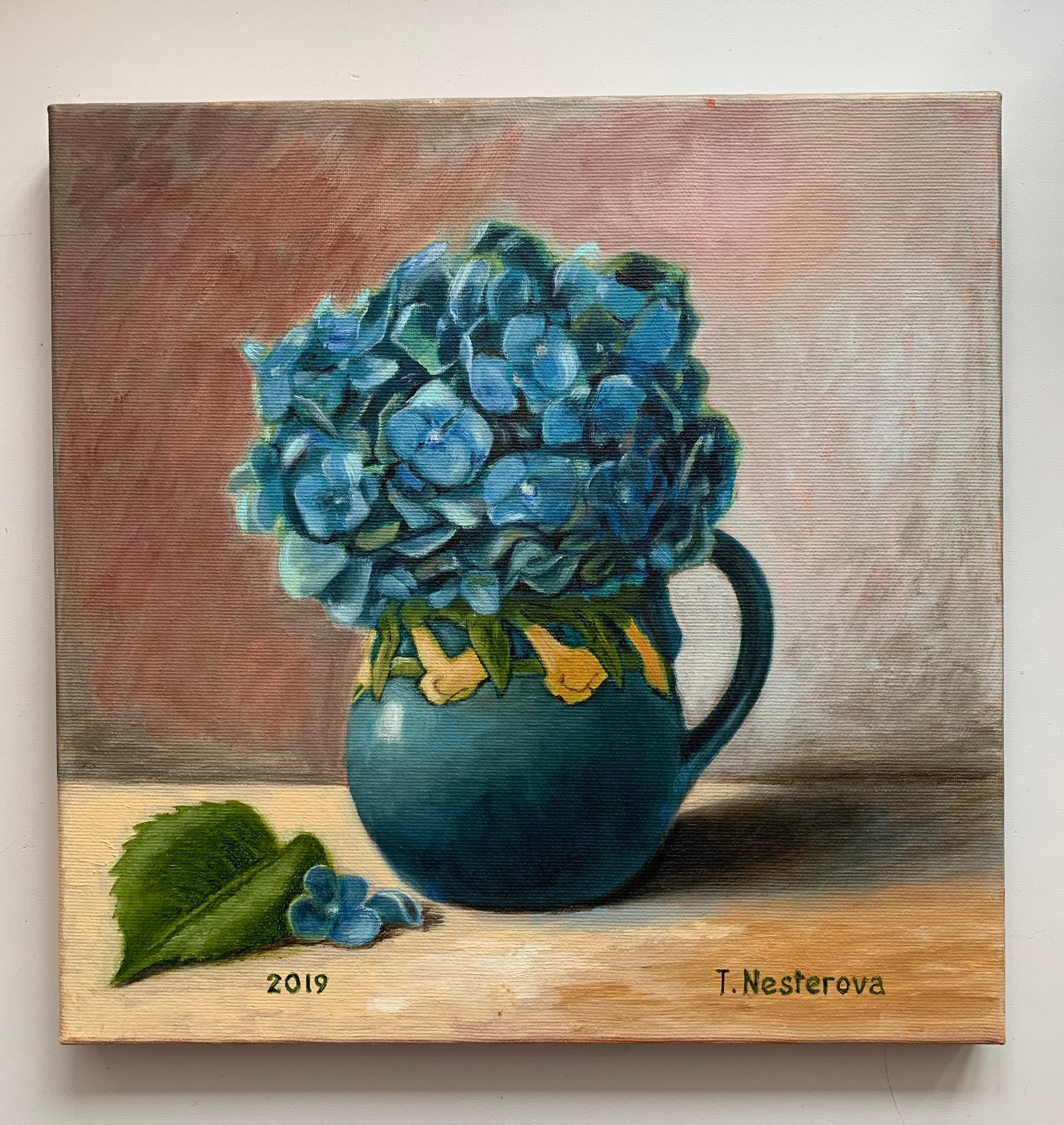 Blue Hydrangea. Flowers Painting 12x12. Still Life Oil on