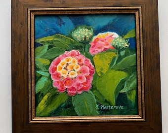 Inramad blommig oljemålning, 8x8, original blomkonstverk